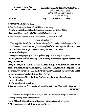 Bài kiểm tra định kì cuối học kì II môn Tiếng Việt 3 - Trường TH Bát Tràng, Huyện An Lão - Năm học 2022-2023 (Có đáp án)