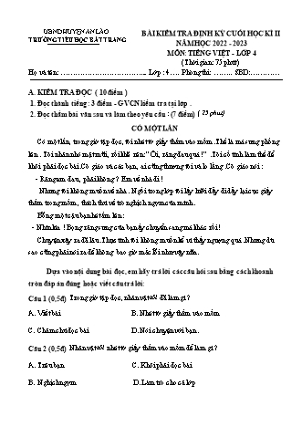 Bài kiểm tra định kì cuối học kì II môn Tiếng Việt 4 - Trường TH Bát Tràng, Huyện An Lão - Năm học 2022-2023 (Có đáp án)