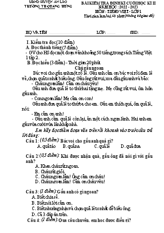 Bài kiểm tra định kì cuối học kì II môn Tiếng Việt (Lớp 1 đến Lớp 5) - Trường TH Quang Hưng, Huyện An Lão - Năm học 2022-2023 (Kèm hướng dẫn chấm)
