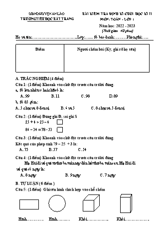 Bài kiểm tra định kì cuối học kì II môn Toán 1 - Trường TH Bát Tràng, Huyện An Lão - Năm học 2022-2023 (Có đáp án)