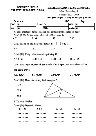 Bài kiểm tra định kì cuối học kì II môn Toán 1 - Trường TH Chiến Thắng, Huyện An Lão - Năm học 2022-2023 (Hướng dẫn chấm)