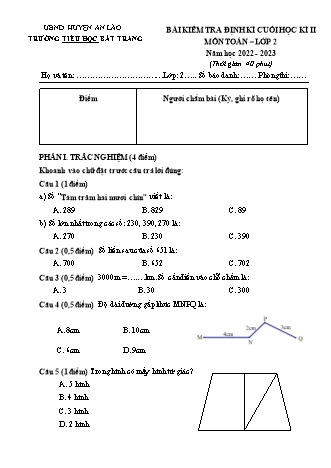 Bài kiểm tra định kì cuối học kì II môn Toán 2 - Trường TH Bát Tràng, Huyện An Lão - Năm học 2022-2023 (Có đáp án)
