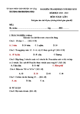 Bài kiểm tra định kì cuối học kì II môn Toán 2 - Trường TH Trường Thọ, Huyện An Lão - Năm học 2024-2025 (Đề 1)