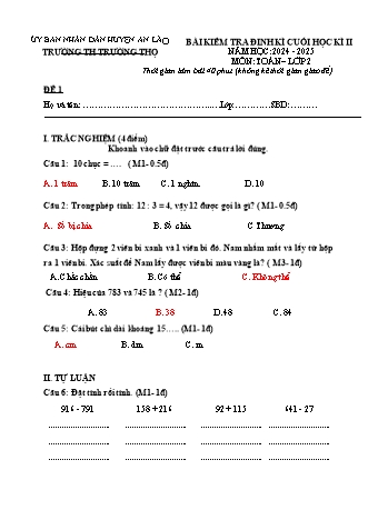 Bài kiểm tra định kì cuối học kì II môn Toán 2 - Trường TH Trường Thọ, Huyện An Lão - Năm học 2024-2025 (6 đề)(Kèm hướng dẫn chấm)
