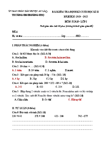Bài kiểm tra định kì cuối học kì II môn Toán 2 - Trường TH Trường Thọ, Huyện An Lão - Năm học 2024-2025 (Đề 4)