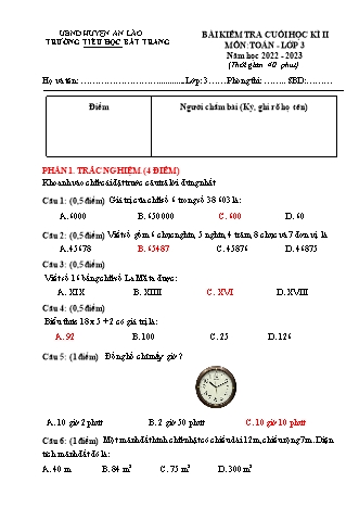 Bài kiểm tra định kì cuối học kì II môn Toán 3 - Trường TH Bát Tràng, Huyện An Lão - Năm học 2022-2023 (Có đáp án)