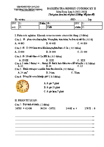 Bài kiểm tra định kì cuối học kì II môn Toán 3 - Trường TH Chiến Thắng, Huyện An Lão - Năm học 2022-2023 (Hướng dẫn chấm)