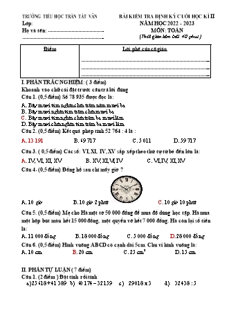 Bài kiểm tra định kì cuối học kì II môn Toán 3 - Trường TH Trần Tất Văn, Huyện An Lão - Năm học 2022-2023 (Ma trận + Hướng dẫn chấm)(Bùi Thị Quỳnh Trang)