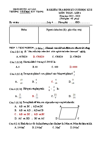 Bài kiểm tra định kì cuối học kì II môn Toán 4 - Trường TH Bát Tràng, Huyện An Lão - Năm học 2022-2023 (Có đáp án)