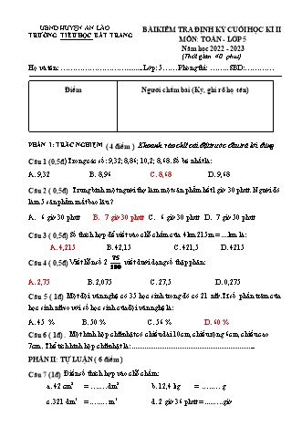 Bài kiểm tra định kì cuối học kì II môn Toán 5 - Trường TH Bát Tràng, Huyện An Lão - Năm học 2022-2023 (Có đáp án)