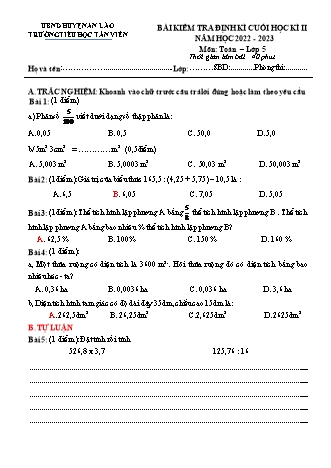 Bài kiểm tra định kì cuối học kì II môn Toán 5 - Trường TH Tân Viên, Huyện An Lão - Năm học 2022-2023 (Ma trận + Hướng dẫn chấm)