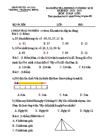 Bài kiểm tra định kì cuối học kì II môn Toán (Lớp 1 đến Lớp 5) - Trường TH Quang Hưng, Huyện An Lão - Năm học 2022-2023 (Có đáp án)