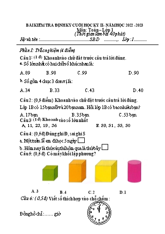 Bài kiểm tra định kì cuối học kì II môn Toán, Tiếng Việt 1 - Năm học 2022-2023 (Hướng dẫn chấm)