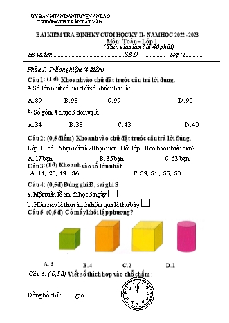 Bài kiểm tra định kì cuối học kì II môn Toán, Tiếng Việt 1 - Trường TH Trần Tất Văn, Huyện An Lão - Năm học 2022-2023 (Hướng dẫn chấm)