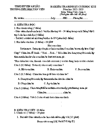 Bài kiểm tra định kì cuối học kì II môn Toán, Tiếng Việt 1 - Trường TH Tân Viên, Huyện An Lão - Năm học 2022-2023 (Ma trận + Hướng dẫn chấm)