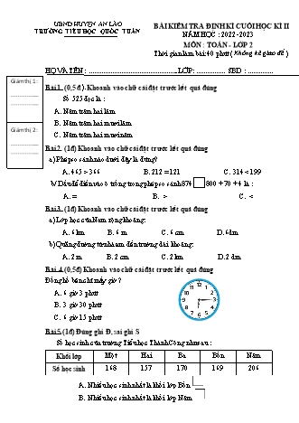 Bài kiểm tra định kì cuối học kì II môn Toán, Tiếng Việt 2 - Trường TH Quốc Tuấn, Huyện An Lão - Năm học 2022-2023 (Hướng dẫn chấm)