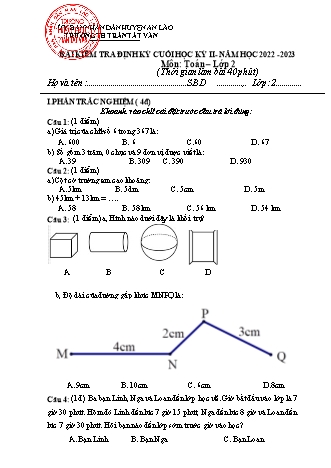 Bài kiểm tra định kì cuối học kì II môn Toán, Tiếng Việt 2 - Trường TH Trần Tất Văn, Huyện An Lão - Năm học 2022-2023 (Hướng dẫn chấm)