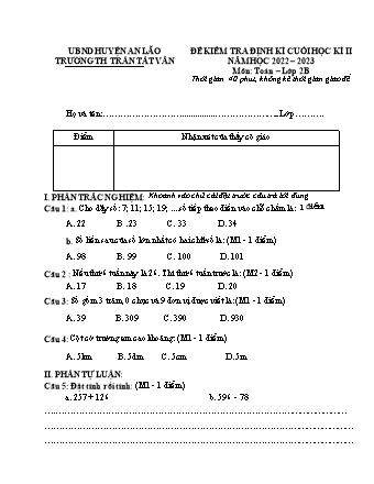 Bài kiểm tra định kì cuối học kì II môn Toán, Tiếng Việt 2 - Trường TH Trần Tất Văn, UBND Huyện An Lão - Năm học 2022-2023