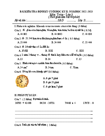 Bài kiểm tra định kì cuối học kì II môn Toán, Tiếng Việt 3 - Năm học 2022-2023 (Có đáp án)