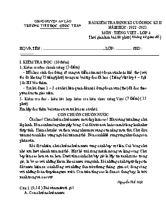 Bài kiểm tra định kì cuối học kì II môn Toán, Tiếng Việt 4 - Trường TH Quốc Tuấn, Huyện An Lão - Năm học 2022-2023 (Hướng dẫn chấm)