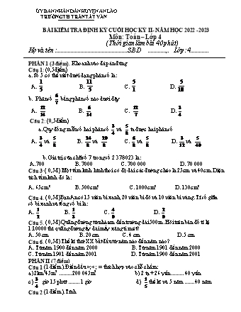 Bài kiểm tra định kì cuối học kì II môn Toán, Tiếng Việt 4 - Trường TH Trần Tất Văn, Huyện An Lão - Năm học 2022-2023 (Kèm hướng dẫn chấm)
