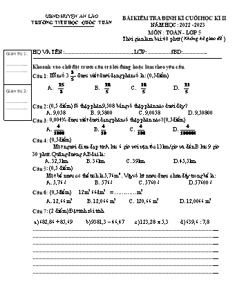 Bài kiểm tra định kì cuối học kì II môn Toán, Tiếng Việt 5 - Trường TH Quốc Tuấn, Huyện An Lão - Năm học 2022-2023 (Hướng dẫn chấm)