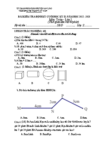 Bài kiểm tra định kì cuối học kì II môn Toán, Tiếng Việt Lớp 2 - Trường TH Trần Tất Văn, Huyện An Lão - Năm học 2022-2023 (Hướng dẫn chấm)