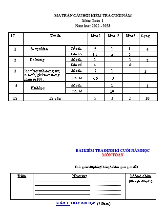 Bài kiểm tra định kì cuối năm học môn Toán 1 - Năm học 2022-2023 (Ma trận)