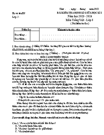Bài kiểm tra định kì giữa học kì I môn Tiếng Việt 5 - Năm học 2023-2024 (Có đáp án)