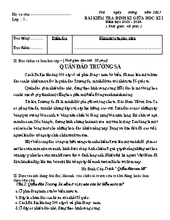 Bài kiểm tra định kì giữa học kì I môn Tiếng Việt 5 - Năm học 2023-2024 (Kèm hướng dẫn chấm)