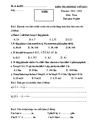 Bài kiểm tra định kì giữa học kì I môn Toán 5 - Năm học 2022-2023