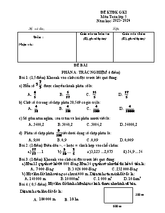 Bài kiểm tra định kì giữa học kì I môn Toán 5 - Năm học 2023-2024 (Có đáp án)