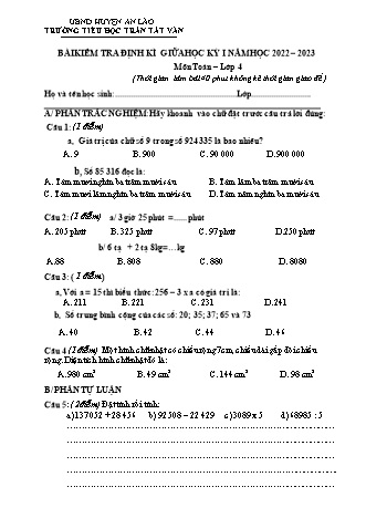 Bài kiểm tra định kì giữa học kì I môn Toán, Tiếng Việt 4 - Trường TH Trần Tất Văn, Huyện An Lão - Năm học 2022-2023 (Có đáp án)