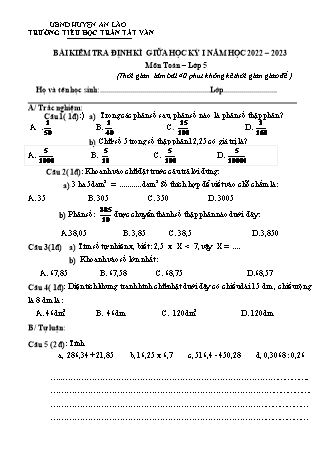 Bài kiểm tra định kì giữa học kì I môn Toán, Tiếng Việt 5 - Trường TH Trần Tất Văn, Huyện An Lão - Năm học 2022-2023 (Có đáp án)