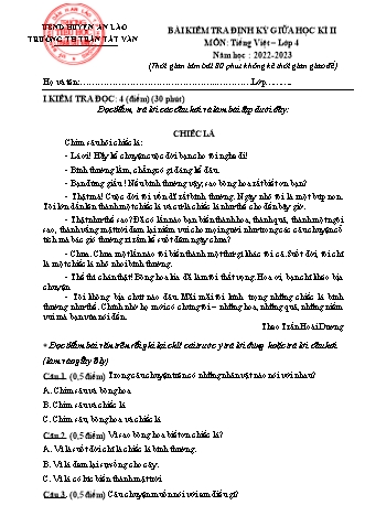 Bài kiểm tra định kì giữa học kì II môn Tiếng Việt 4 - Trường TH Trần Tất Văn, Huyện An Lão - Năm học 2022-2023 (Ma trận + Hướng dẫn chấm)