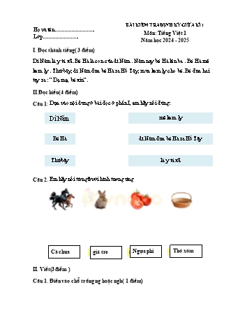 Bài kiểm tra định kì giữa kì I môn Tiếng Việt 1 (Năm học 2024-2025)(Hoàng Thị Thảo)