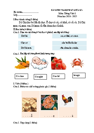 Bài kiểm tra định kì giữa kì I môn Tiếng Việt 1 (Năm học 2024-2025)(Đỗ Thị Thu)