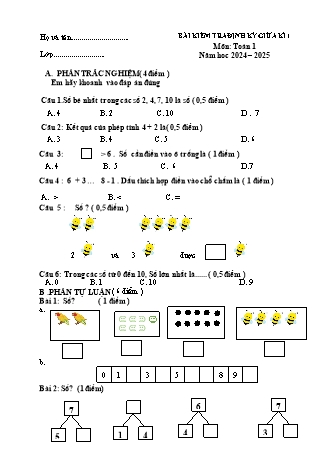 Bài kiểm tra định kì giữa kì I môn Toán 1 (Năm học 2024-2025)(Đỗ Thị Thu)