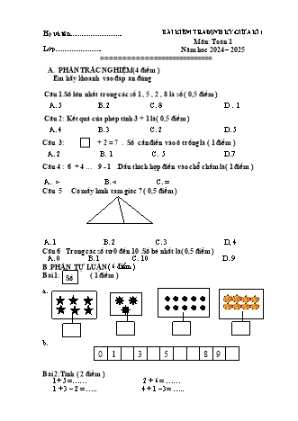 Bài kiểm tra định kì giữa kì I môn Toán 1 (Năm học 2024-2025)(Hoàng Thị Thảo)