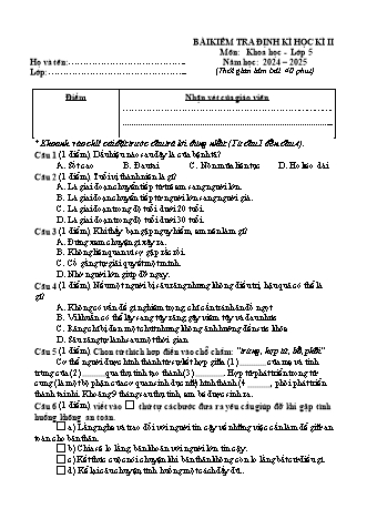 Bài kiểm tra định kì học kì II môn Khoa Học 5 - Năm học 2024-2025 (Ma trận + Đáp án)