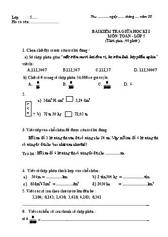 Bài kiểm tra giữa học kì 1 môn Toán 5