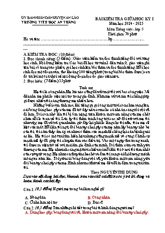 Bài kiểm tra giữa học kì I môn Tiếng Việt 5 - Trường TH An Thắng, Huyện An Lão - Năm học 2024-2025