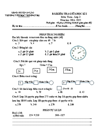 Bài kiểm tra giữa học kì I môn Toán 3 - Trường TH Trường Thọ, Huyện An Lão - Năm học 2024-2025