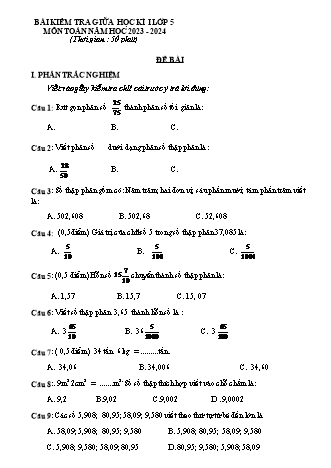 Bài kiểm tra giữa học kì I môn Toán 5 - Năm học 2023-2024 (Có đáp án)