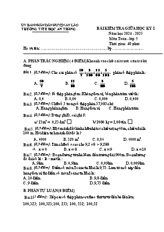 Bài kiểm tra giữa học kì I môn Toán 5 - Trường TH An Thắng, Huyện An Lão (Năm học 2024-2025)
