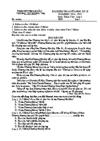 Bài kiểm tra giữa học kì II môn Tiếng Việt 5 - Trường TH Trường Thọ, Huyện An Lão - Năm học 2024-2025