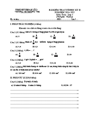 Bài kiểm tra giữa học kì II môn Toán 5 - Trường TH Trường Thọ, Huyện An Lão - Năm học 2019-2020 (Đề 2)