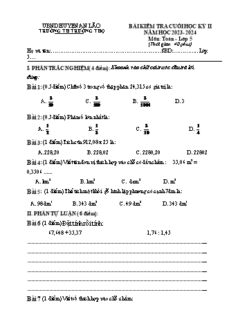 Bài kiểm tra giữa học kì II môn Toán 5 - Trường TH Trường Thọ, Huyện An Lão - Năm học 2019-2020 (Đề 3)