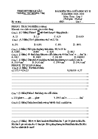 Bài kiểm tra giữa học kì II môn Toán 5 - Trường TH Trường Thọ, Huyện An Lão - Năm học 2019-2020