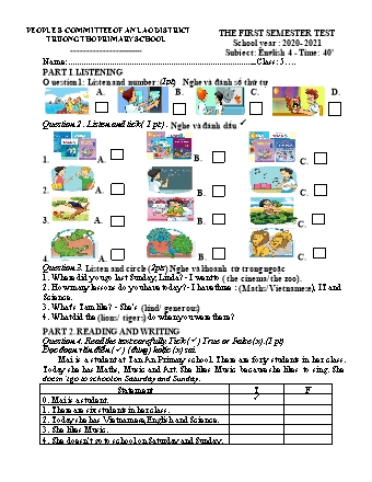 Bài kiểm tra học kì I môn Tiếng Anh 5 - Trường TH Trường Thọ, Huyện An Lão - Năm học 2020-2021 (Ma trận + Đáp án)